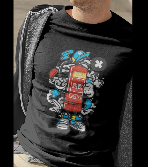 Ultra Fire Foam Extinguisher Cartoon Comics Character With Cap And Sneakers T-Shirt