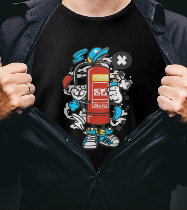 Ultra Fire Foam Extinguisher Cartoon Comics Character With Cap And Sneakers T-Shirt