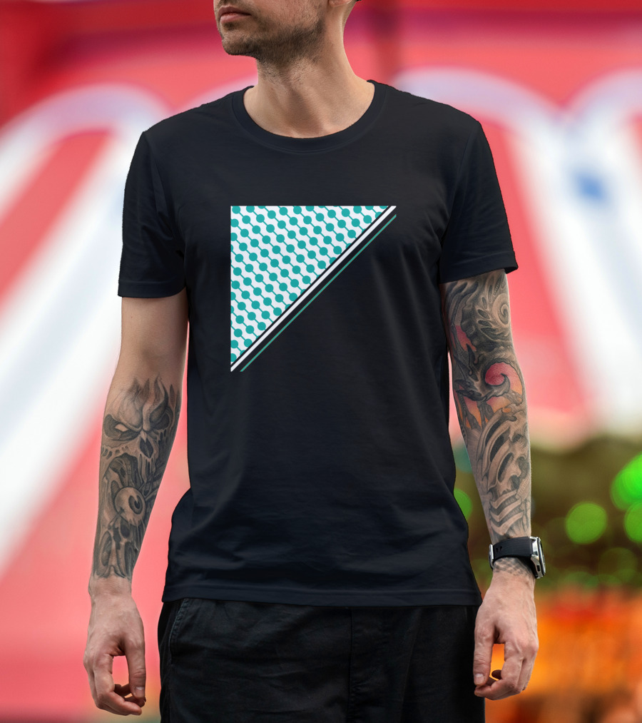 Geometric Abstract Blue Circles and Black Diagonal Contrast T-Shirt