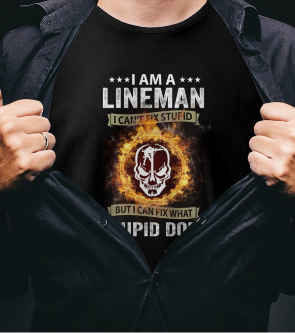 I Am A Lineman I Can’t Fix Stupid But I Can Fix What Stupid Does Skull And Fire T-Shirt