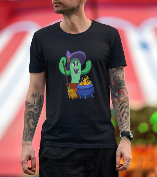 Premium T-Shirt: Cactus Witch Brewing a Potion with Broom and Cauldron T-Shirt Cactus Witch Brewing a Potion with Broom and Cauldron T-Shirt
