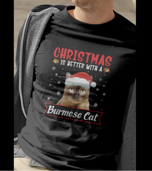 Christmas Is Better With A Burmese Cat Snowflakes Santa Hat T-Shirt
