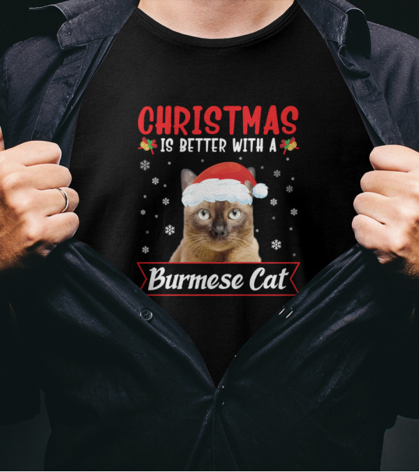 Christmas Is Better With A Burmese Cat Snowflakes Santa Hat T-Shirt