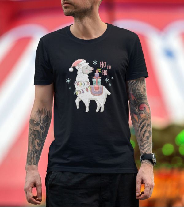 Premium T-Shirt: Ho Ho Ho Christmas Llama with Santa Hat and Gifts Surrounded by Snowflakes T-Shirt Ho Ho Ho Christmas Llama with Santa Hat and Gifts Surrounded by Snowflakes T-Shirt