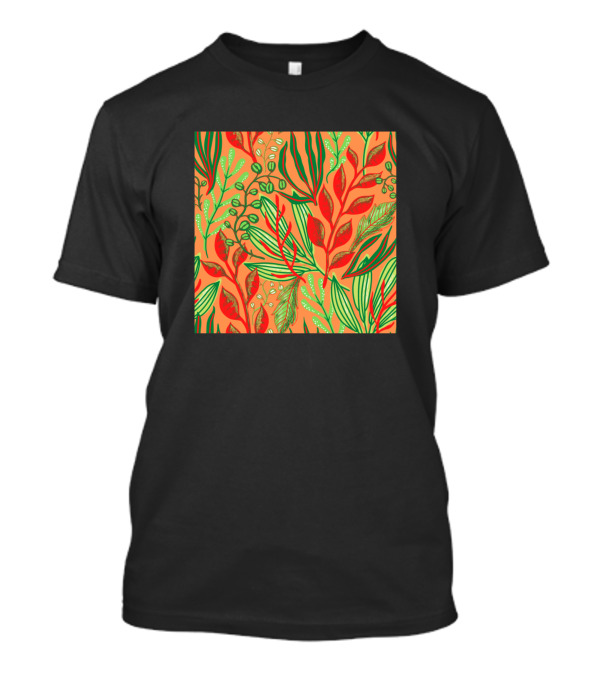 Neon Leafy Pattern With Red And Green Foliage On Orange Background T-Shirt