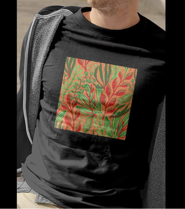 Neon Leafy Pattern With Red And Green Foliage On Orange Background T-Shirt