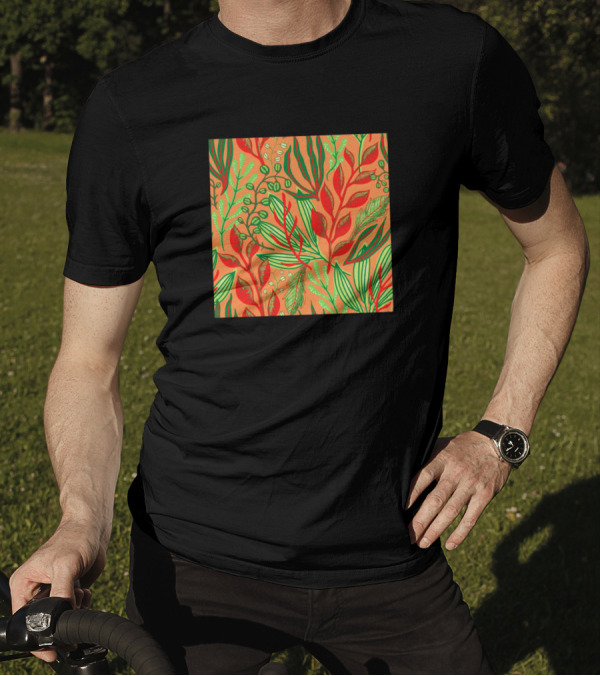 Neon Leafy Pattern With Red And Green Foliage On Orange Background T-Shirt