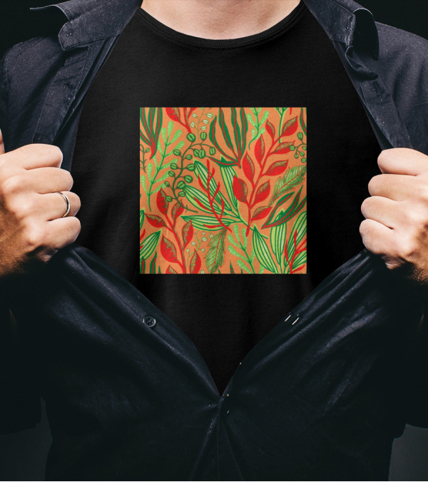 Neon Leafy Pattern With Red And Green Foliage On Orange Background T-Shirt