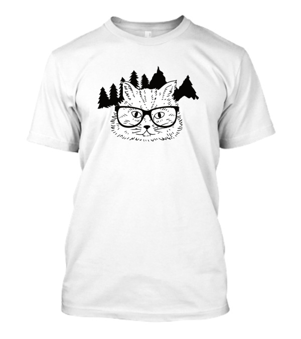 Nerd Cat Glasses Forest Background T-Shirt