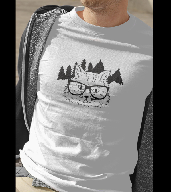 Nerd Cat Glasses Forest Background T-Shirt
