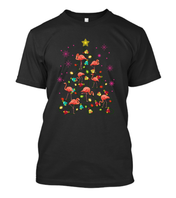 Merry Christmas Funny Flamingo Tree Decorations With Lights And Stars T-Shirt