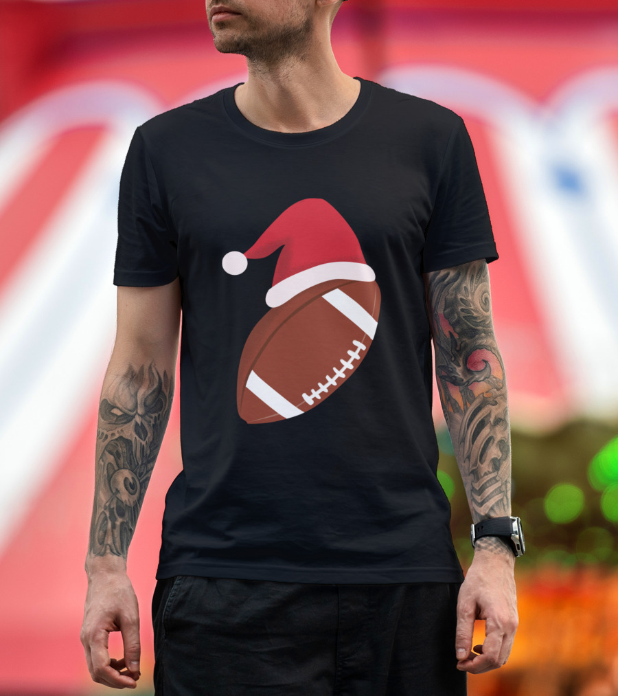 Santa Claus Hat and American Football Merry Christmas T-Shirt