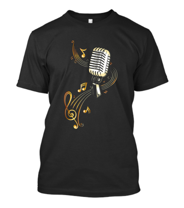 Vintage Microphone Golden Music Notes Treble Clef Swirl T-Shirt
