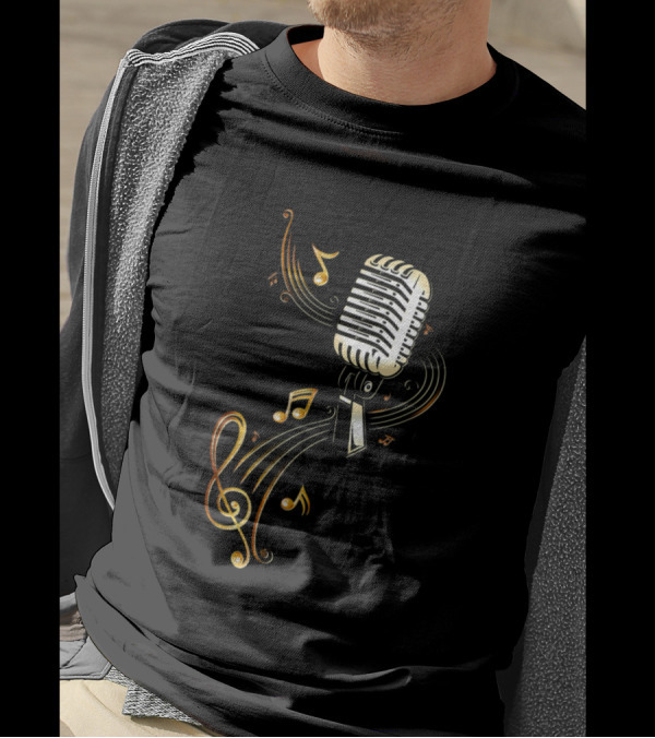 Vintage Microphone Golden Music Notes Treble Clef Swirl T-Shirt