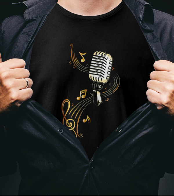 Vintage Microphone Golden Music Notes Treble Clef Swirl T-Shirt