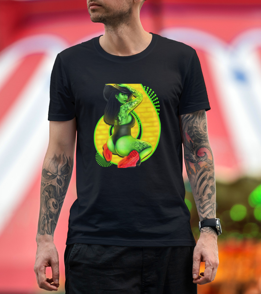 Wicked Witch with Red Slippers and Yellow Brick Background T-Shirt
