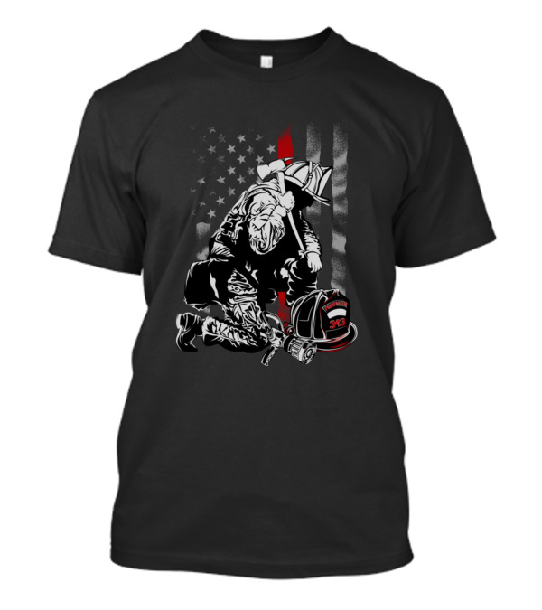 Fallen Firefighter Kneeling With Axe And Helmet American Flag Thin Red Line 343 T-Shirt
