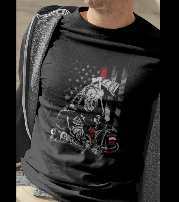 Fallen Firefighter Kneeling With Axe And Helmet American Flag Thin Red Line 343 T-Shirt