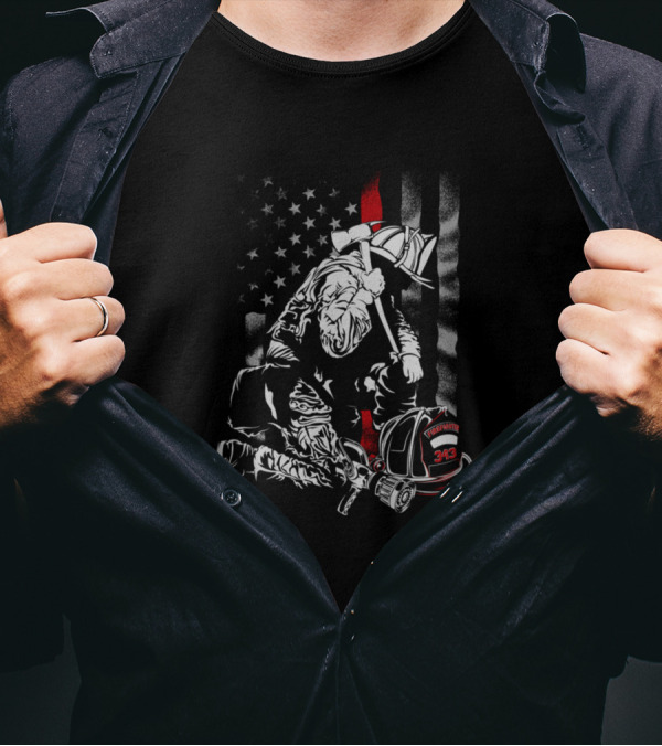Fallen Firefighter Kneeling With Axe And Helmet American Flag Thin Red Line 343 T-Shirt