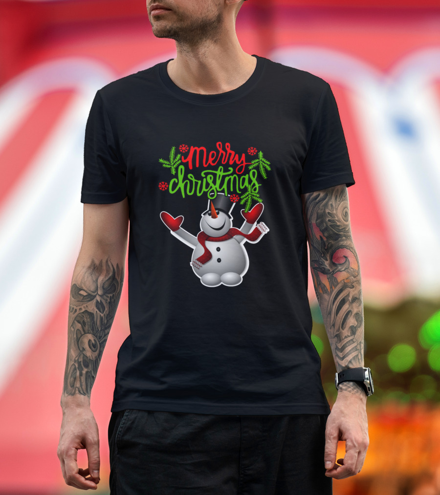 Merry Christmas Snowman with Red Scarf and Mittens T-Shirt
