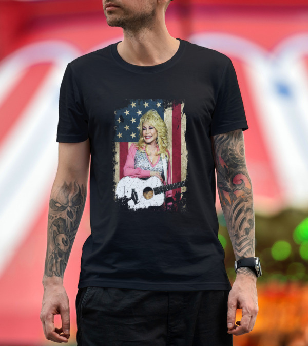 Premium T-Shirt: Americana Dolly Parton with American Flag Guitar T-Shirt Americana Dolly Parton with American Flag Guitar T-Shirt