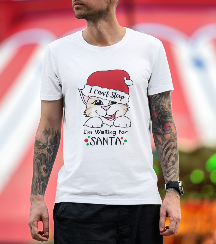 I Can't Sleep I'm Waiting For Santa Cat with Santa Hat T-Shirt