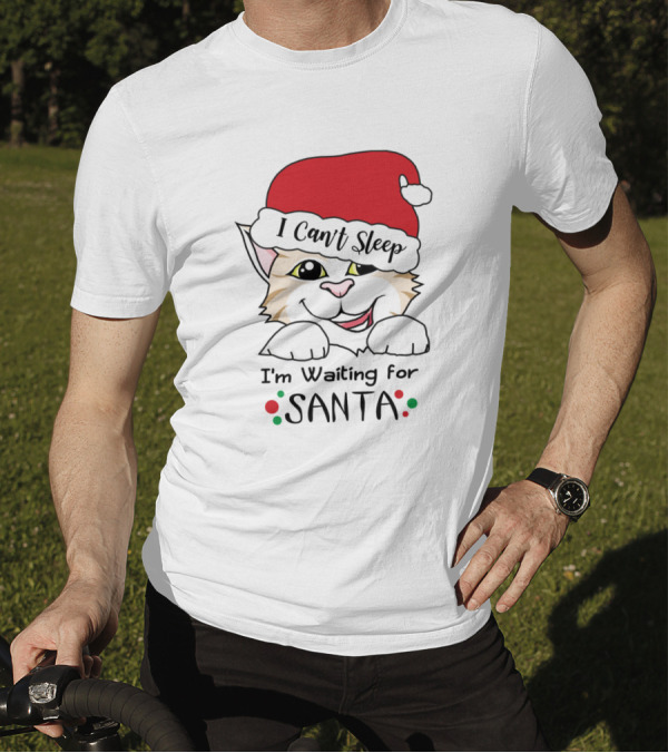 I Can't Sleep I'm Waiting For Santa Cat With Santa Hat T-Shirt