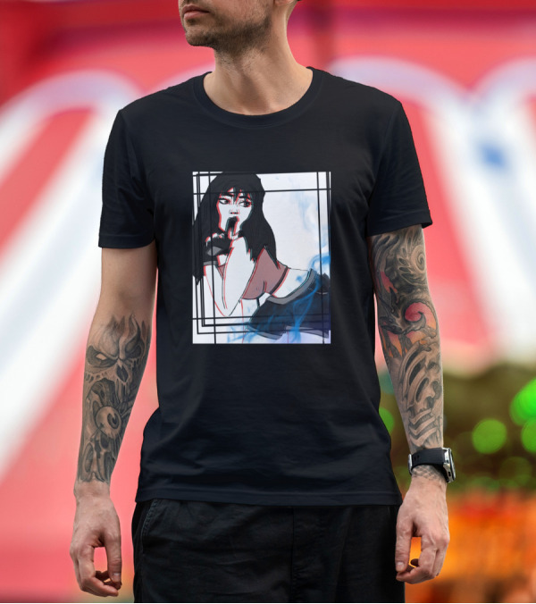 Premium T-Shirt: Otaku Anime Girl with Black Hair and Blue Smoke T-Shirt Otaku Anime Girl with Black Hair and Blue Smoke T-Shirt
