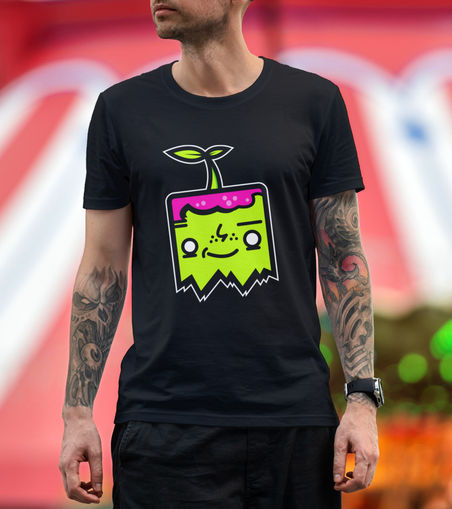 Sprout Mascot Neon Cube Character with Leaf and Pink Top T-Shirt