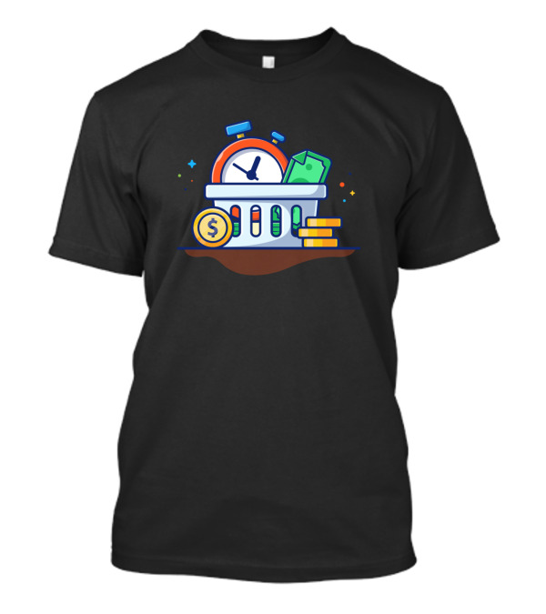 Stack Of Coin With Timer And Money Box Cartoon Money And Time T-Shirt