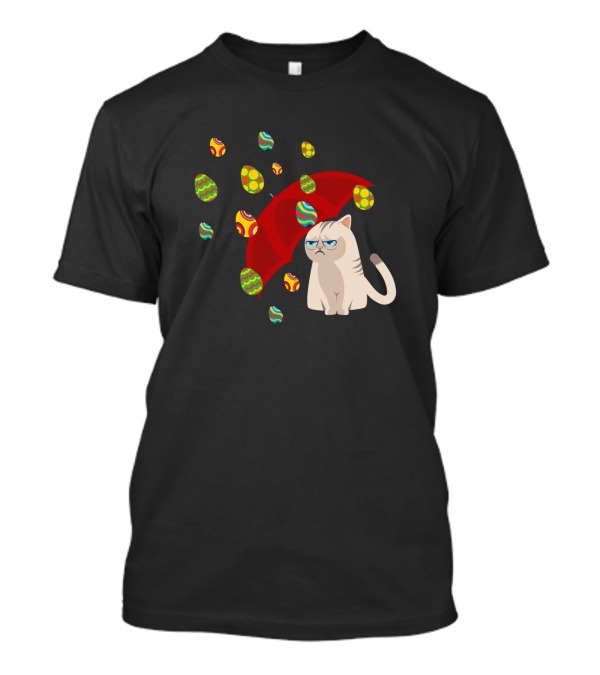 Grouchy Cat With Red Umbrella Under Raining Easter Eggs T-Shirt