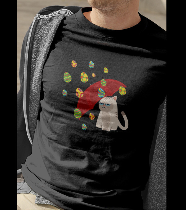 Grouchy Cat With Red Umbrella Under Raining Easter Eggs T-Shirt