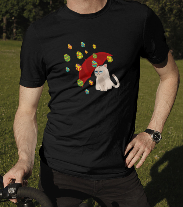 Grouchy Cat With Red Umbrella Under Raining Easter Eggs T-Shirt