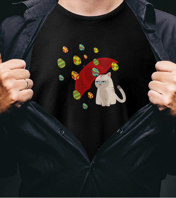 Grouchy Cat With Red Umbrella Under Raining Easter Eggs T-Shirt