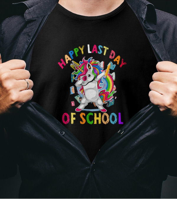 Happy Last Day Of School Unicorn Dabbing With Rainbow Books T-Shirt