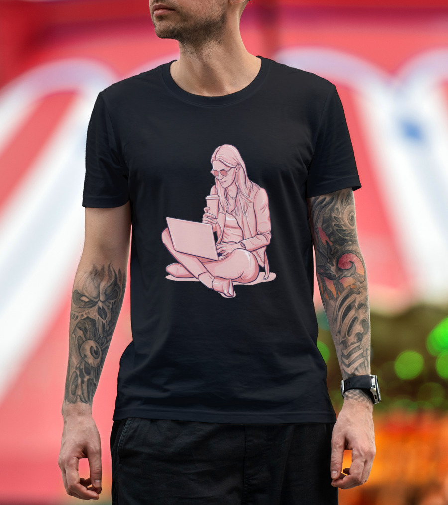 Working Laptop Coffee Break Sitting Woman T-Shirt