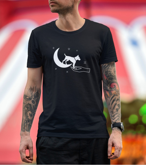 Premium T-Shirt: Elegant Canine Balancing on Crescent Moon and Hand with Stars T-Shirt Elegant Canine Balancing on Crescent Moon and Hand with Stars T-Shirt