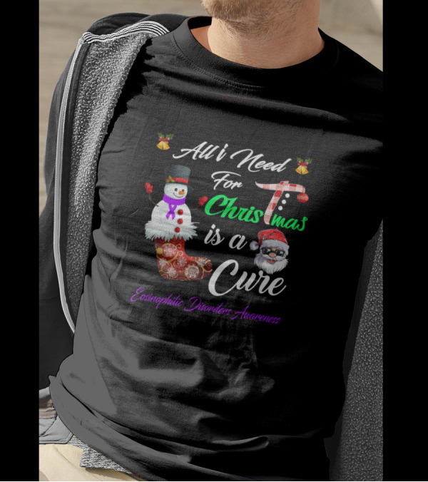 All I Need For Christmas Is A Cure Eosinophilic Disorders Awareness Snowman And Santa Claus T-Shirt