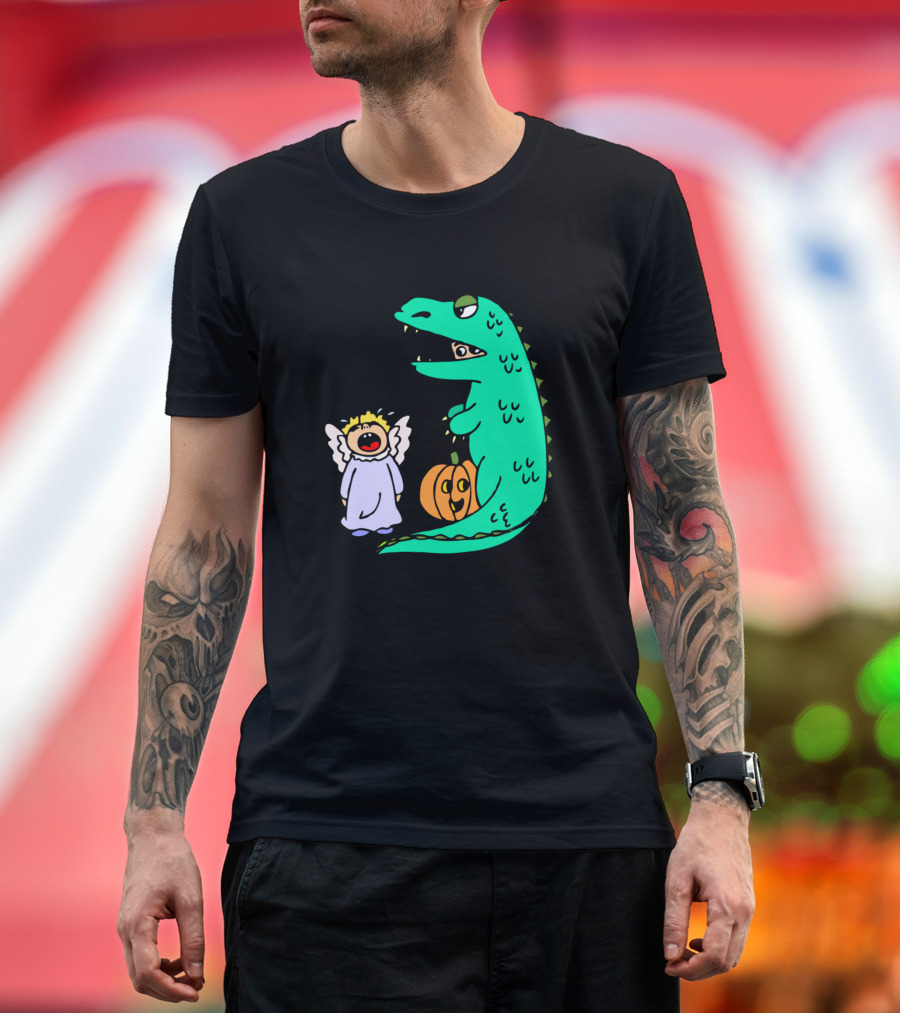 Funny Halloween Angel Costume with Dinosaur Eating Candy T-Shirt