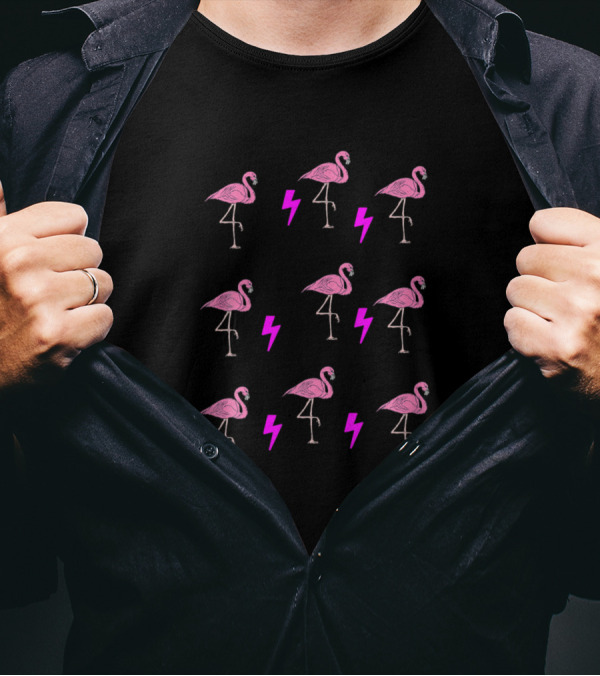 Pink Flamingo Pattern With Lightning Bolt Motif T-Shirt