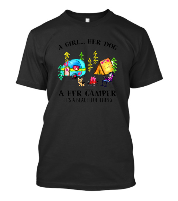 A Girl Her Dog And Her Camper It's A Beautiful Thing Multicolored Campfire Scene T-Shirt