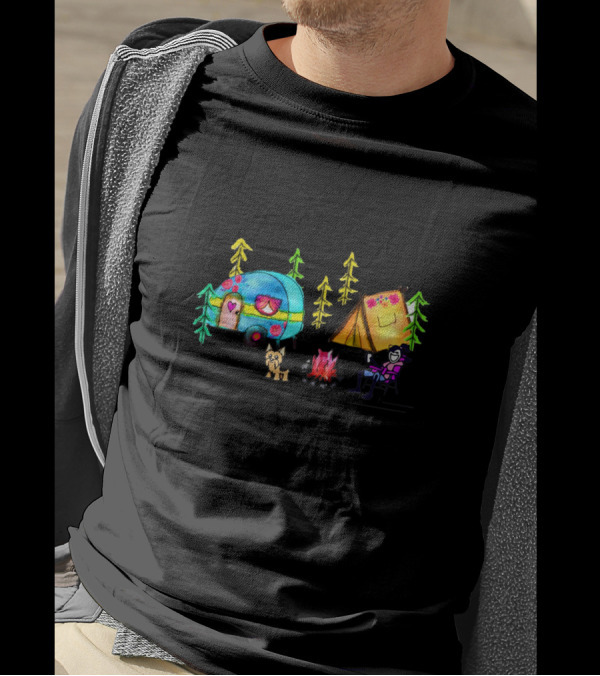 A Girl Her Dog And Her Camper It's A Beautiful Thing Multicolored Campfire Scene T-Shirt