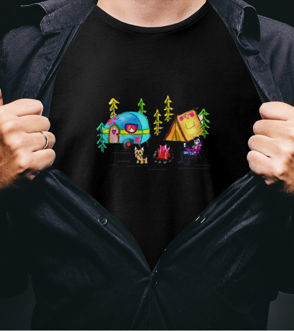 A Girl Her Dog And Her Camper It's A Beautiful Thing Multicolored Campfire Scene T-Shirt