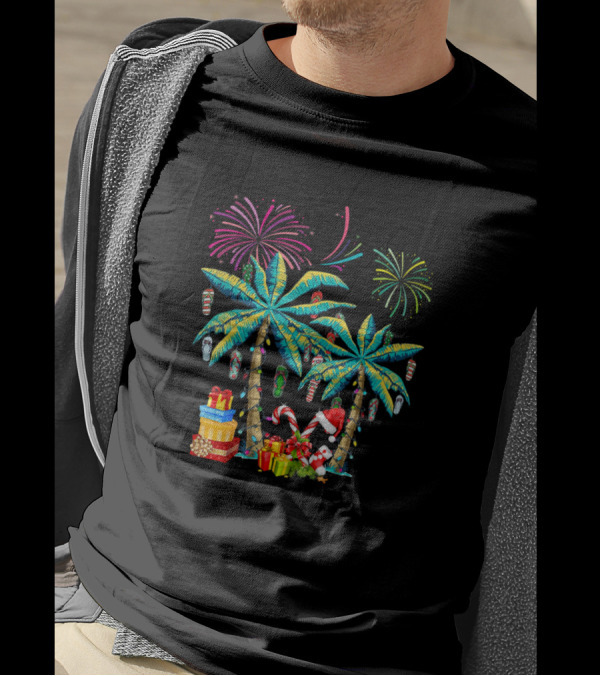 Decorated Tropical Christmas Palm Tree With Gifts And Fireworks T-Shirt