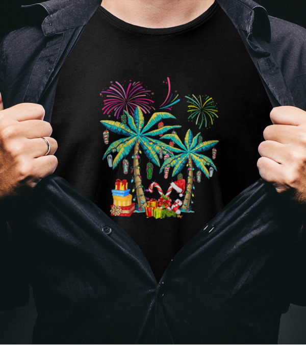 Decorated Tropical Christmas Palm Tree With Gifts And Fireworks T-Shirt