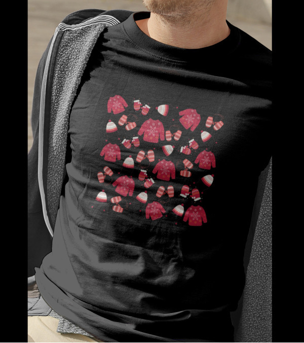 Red Winter Hats Mittens Sweater Pattern Snowflakes Cozy T-Shirt