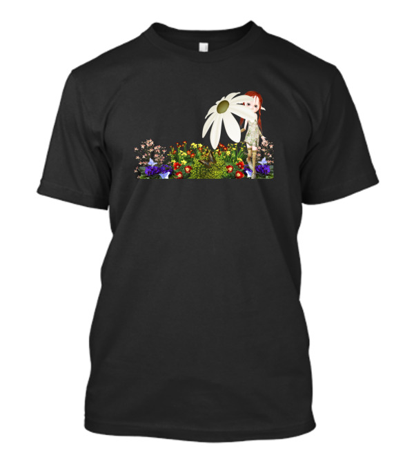 Cute Garden Elf With Oversized Daisy In Colorful Flower Bed T-Shirt
