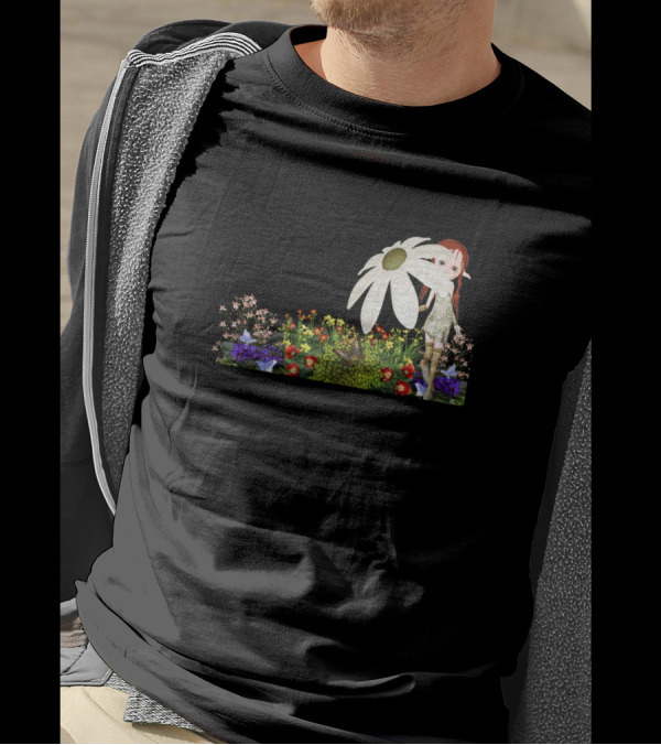 Cute Garden Elf With Oversized Daisy In Colorful Flower Bed T-Shirt