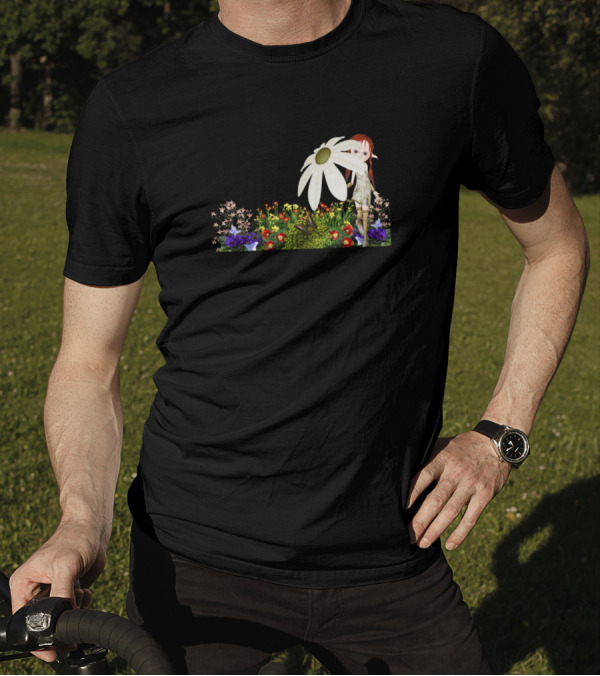 Cute Garden Elf With Oversized Daisy In Colorful Flower Bed T-Shirt