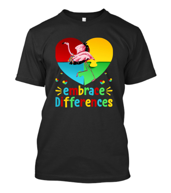 Embrace Differences Colorful Flamingo Heart Puzzle Autism T-Shirt